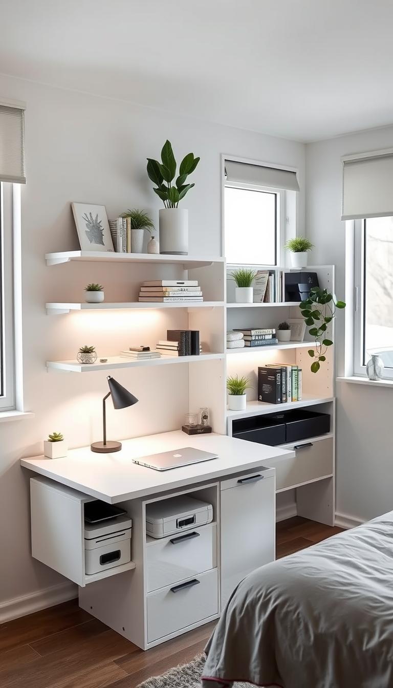 A neatly organized modern dorm room with a multifunctional desk and shelving system. The desk has a sleek white surface with built-in storage compartments and a floating shelf above. Ambient task lighting illuminates the workspace. On the shelves, an assortment of decorative plants, books, and storage bins creates a visually balanced and functional display. The room has minimalist decor with neutral tones, including a grey bedspread and white walls. Large windows allow natural light to filter in, creating a bright, airy atmosphere. The overall design showcases efficient use of space and a cohesive, contemporary aesthetic.