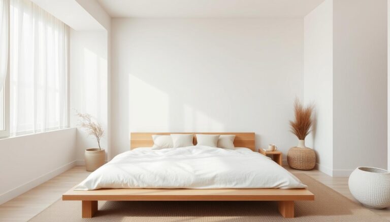 A serene japandi bedroom with neutral colors, natural wood elements, and minimalist decor