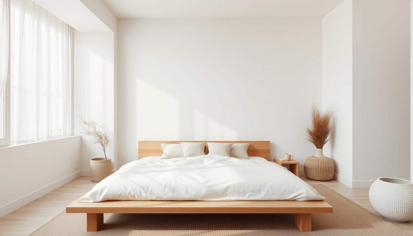 A serene japandi bedroom with neutral colors, natural wood elements, and minimalist decor
