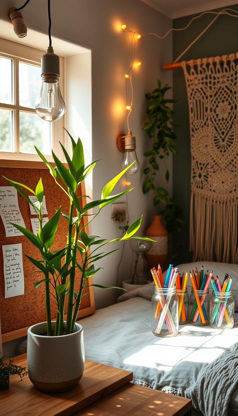 A sun-drenched dorm room filled with natural textures and earthy tones. In the foreground, a bamboo plant thrives in a minimalist ceramic planter, casting soft shadows on a cork bulletin board adorned with handwritten notes. Midground showcases upcycled mason jars transformed into chic desk organizers, housing colorful pens and pencils. The background features a macrame wall hanging, its intricate patterns casting a warm, bohemian vibe. Overhead, a sleek, energy-efficient LED lamp illuminates the cozy space, complemented by the golden glow of a string of fairy lights cascading from the ceiling. The entire scene radiates a calming, eco-conscious atmosphere, inspiring sustainable living in a tight dorm setting.