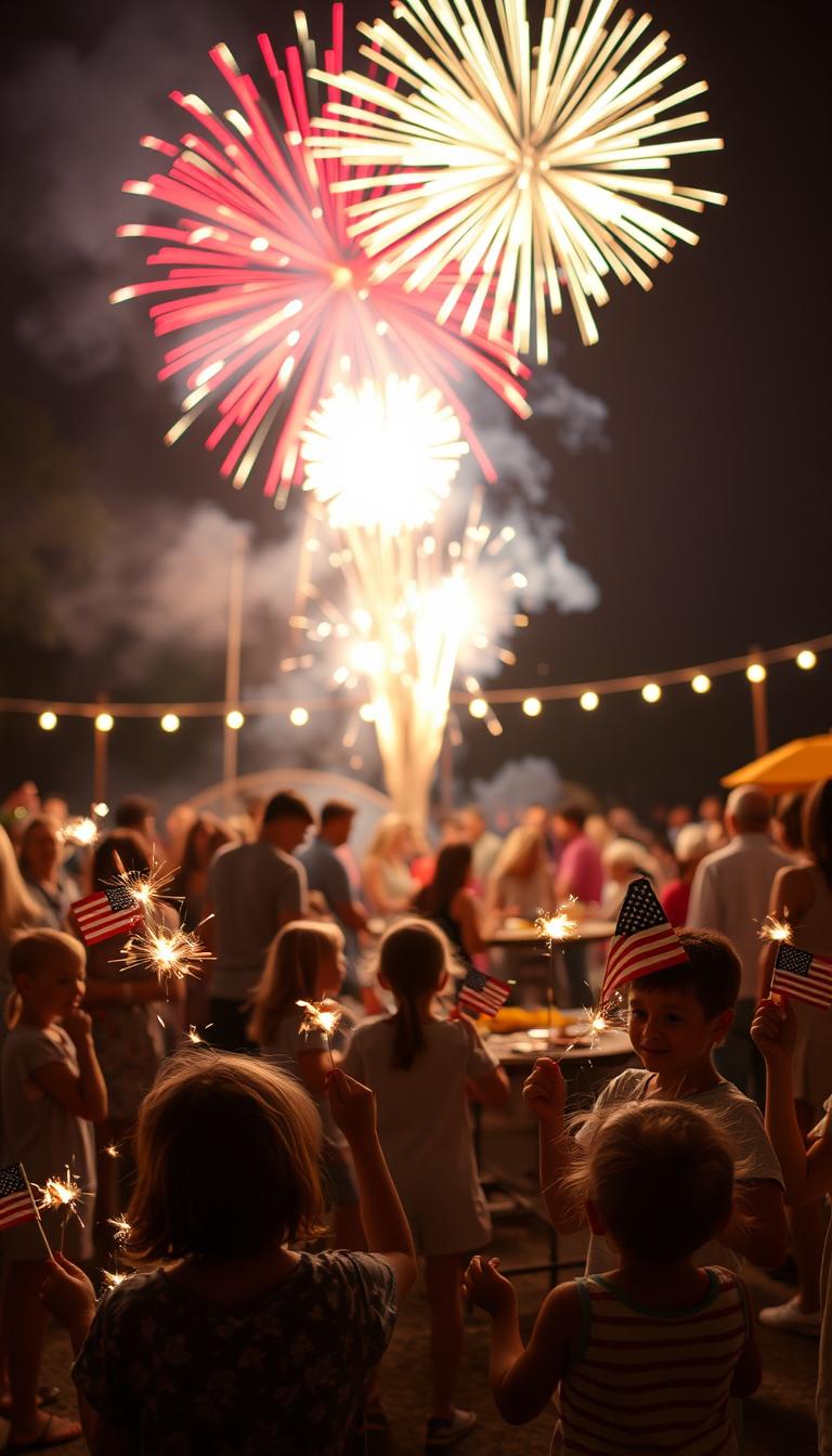 A vibrant 4th of July celebration with a lively crowd enjoying various activities. In the foreground, children playing with sparklers and waving small American flags. In the middle ground, families gathered around a barbecue, sharing a festive meal. In the background, a stunning fireworks display lighting up the night sky with bursts of red, white, and blue. The scene is illuminated by warm, golden lighting, creating a cozy and celebratory atmosphere. The overall mood is one of joy, patriotism, and community.