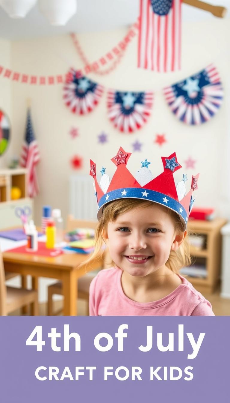 A vibrant 4th of July craft for kids, showcasing a patriotic wearable headpiece. In the foreground, a smiling child models a red, white, and blue paper crown, adorned with stars and glitter. The middle ground features a table filled with craft supplies - glue, scissors, colored paper, and sparkly embellishments. In the background, a cheerful, festively decorated room with American flags and streamers sets the celebratory mood. Soft, diffused lighting illuminates the scene, creating a warm, welcoming atmosphere. The overall composition conveys a sense of playfulness, creativity, and national pride suitable for a 4th of July craft article.