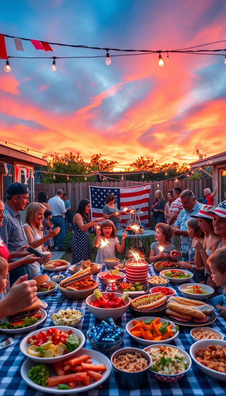 A vibrant 4th of July party scene set in a backyard oasis. In the foreground, a lively gathering of friends and family enjoying classic barbecue fare - juicy burgers, hot dogs, and an abundance of colorful salads and sides. Festive decorations like red, white, and blue streamers, twinkling string lights, and an American flag backdrop create a celebratory atmosphere. In the middle ground, children play with sparklers and frolic around a picnic table laden with patriotic desserts. In the background, a stunning sunset paints the sky in vivid hues of orange and pink, casting a warm glow over the entire scene. The overall mood is one of joyful camaraderie, community, and national pride.