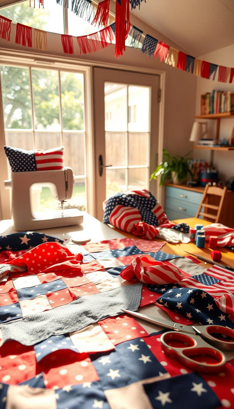 A vibrant 4th of July-themed fabric craft scene, captured in a warm, natural light. In the foreground, a colorful patchwork of stars and stripes fabrics, laid out on a wooden table, with scissors, needles, and spools of thread nearby. In the middle ground, a sewing machine and a half-finished craft project, perhaps a decorative pillow or a flag-inspired garment. The background features a window overlooking a sun-dappled backyard, with a patriotic bunting hanging from the ceiling, casting soft shadows. The overall mood is one of festive creativity and DIY inspiration, perfect for a family-friendly 4th of July crafting session.