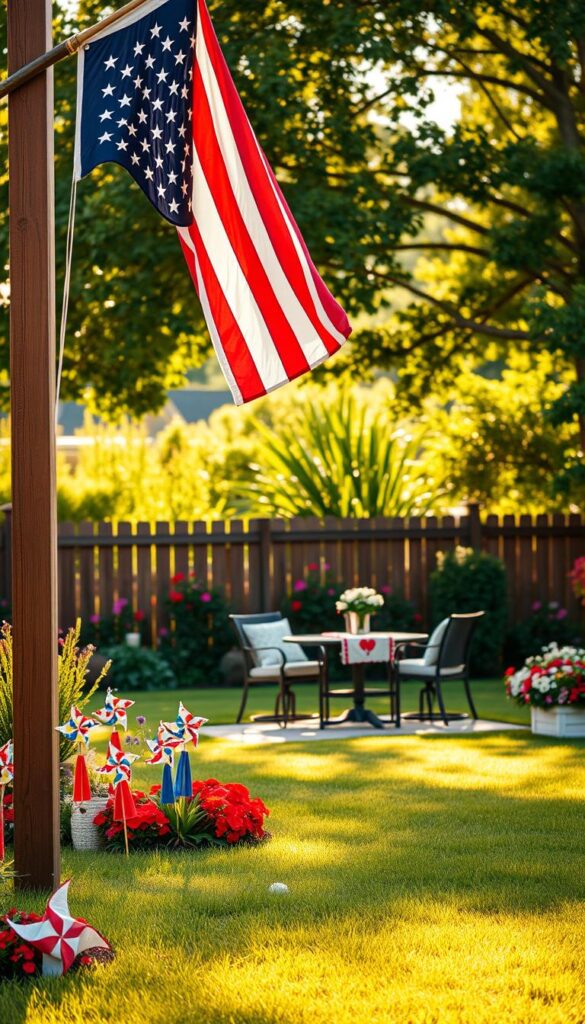 A vibrant American flag hanging from a wooden post, its stars and stripes billowing in the gentle summer breeze. In the foreground, a well-manicured lawn dotted with patriotic pinwheels and red, white, and blue flower beds. In the middle ground, a cozy patio set with cushioned chairs and a table adorned with a festive table runner. The background features a lush, verdant garden, with colorful blooms and a wooden fence enclosing the tranquil backyard oasis. Warm, golden sunlight bathes the scene, creating a sense of inviting, patriotic charm. The overall composition evokes a feeling of American pride and the joyful celebration of Independence Day.