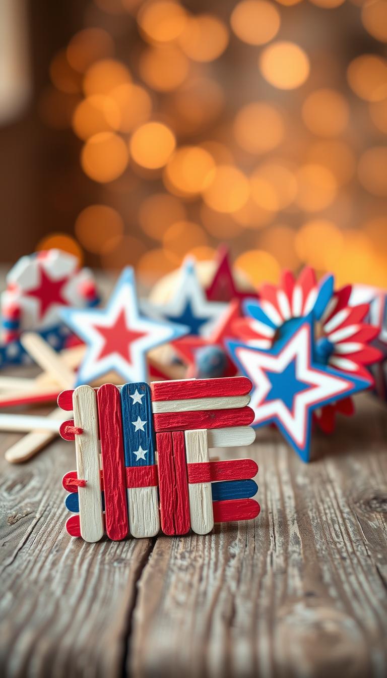 A vibrant array of 4th of July-themed popsicle stick crafts, artfully arranged on a rustic wooden surface. In the foreground, a charming American flag-themed piece, with red, white, and blue sticks carefully assembled. In the middle ground, various whimsical creations, such as a star-spangled star and a patriotic wreath. The background features a soft, hazy bokeh effect, highlighting the handmade nature of the crafts. Warm, natural lighting casts a festive glow, capturing the spirit of summer and the joy of DIY projects. The overall scene exudes a sense of playfulness and creativity, perfectly suited for a 4th of July crafting activity.