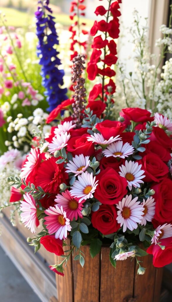 A vibrant bouquet of red, white, and blue flowers arranged in a patriotic display. The foreground features a lush cluster of star-shaped daisies, velvety red roses, and sprigs of silvery-blue eucalyptus, artfully gathered in a rustic wooden planter. The middle ground showcases tall, swaying stalks of crimson carnations and trailing vines of trailing morning glories. In the background, a scattering of white chrysanthemums and delicate baby's breath create a soft, hazy effect, evoking a sense of American pride and celebration. The lighting is warm and natural, casting a golden glow across the arrangement. The overall composition is balanced and visually striking, perfectly capturing the essence of patriotic floral decor.
