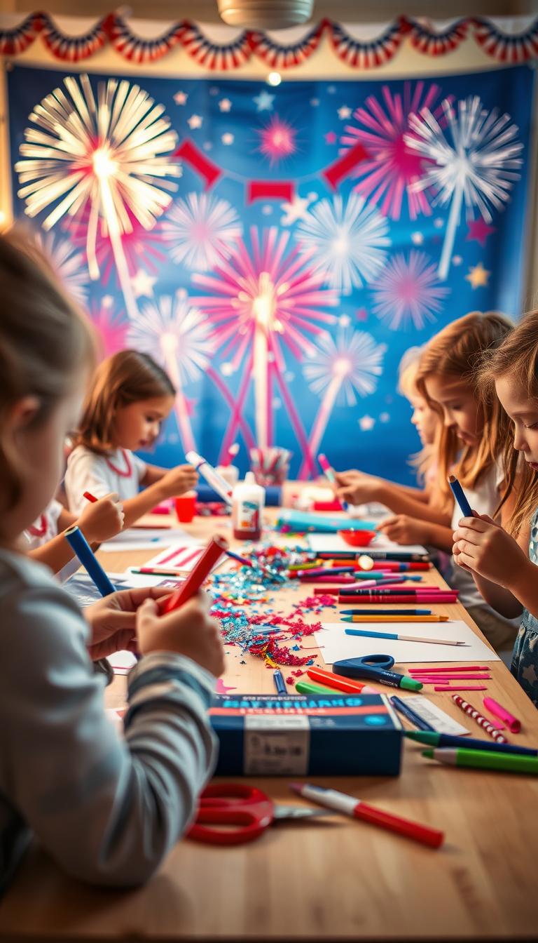 A vibrant, playful 4th of July craft scene for kids. In the foreground, a group of young children enthusiastically create colorful paper crafts like flags, sparkly stars, and festive streamers. The middle ground showcases a neatly organized table with an array of craft supplies - glue, scissors, markers, and glitter. In the background, an American-themed backdrop with patriotic bunting and fireworks bursting in the sky sets the celebratory mood. The lighting is warm and inviting, creating a cheerful, creative atmosphere. Captured with a shallow depth of field, the focus is on the hands-on activities and the children's engaged expressions.