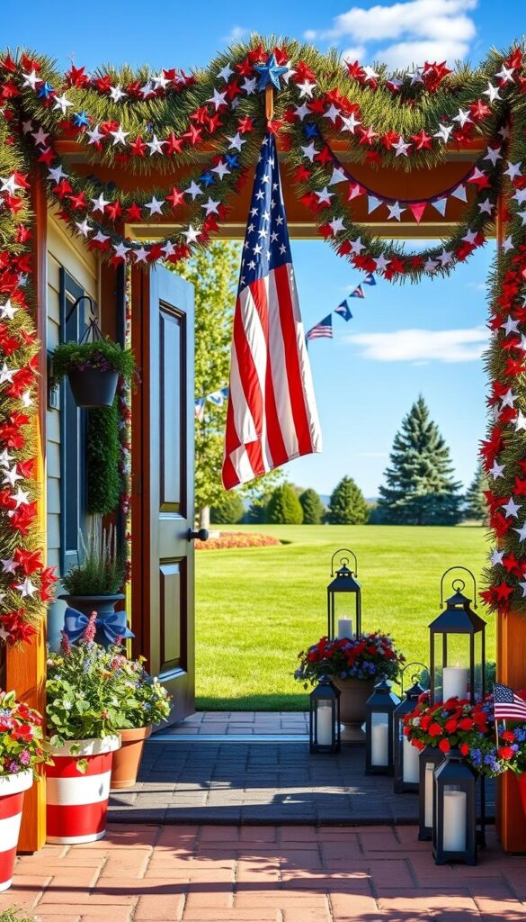 A vibrant red, white, and blue entryway, adorned with patriotic flourishes. In the foreground, a sturdy wooden door frame is wrapped in garlands of stars and stripes, creating a warm, inviting welcome. Hanging from the frame, an American flag billows gently in a soft, natural light. Lining the doorway, potted plants in patriotic colors add a touch of natural elegance. The middle ground features decorative lanterns with flickering candles, casting a cozy glow. In the background, a well-manicured lawn and a clear blue sky set the scene for this quintessential 4th of July display, radiating a sense of national pride and festive cheer.