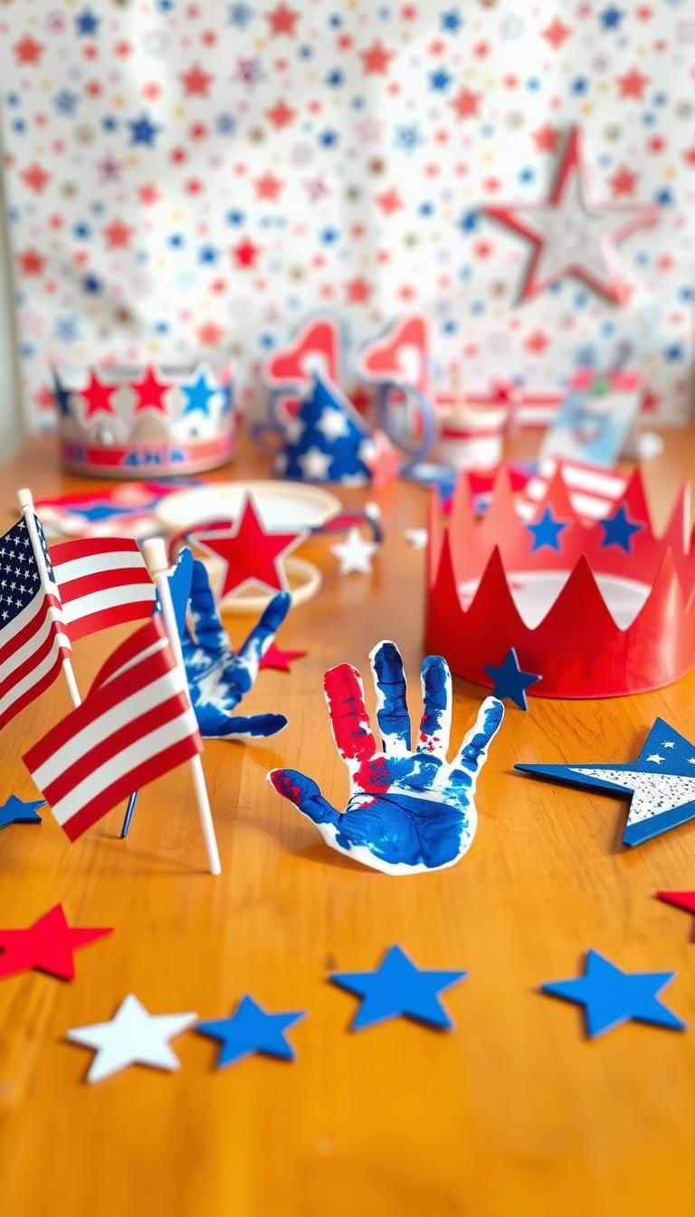 A vivid scene of colorful 4th of July-themed crafts for kids, showcased on a warm, sun-dappled wooden table. In the foreground, finger-painted flags and handprint patriotic artwork in vibrant red, white, and blue, complemented by star-shaped stickers and paper cutouts. In the middle ground, a collage of DIY wearable accessories like paper crowns and star-spangled headbands. The background features a backdrop of American-themed scrapbooking paper, evoking the festive atmosphere of Independence Day celebrations. Soft, diffused lighting casts a cheerful glow, highlighting the joy and creativity of these charming DIY projects.