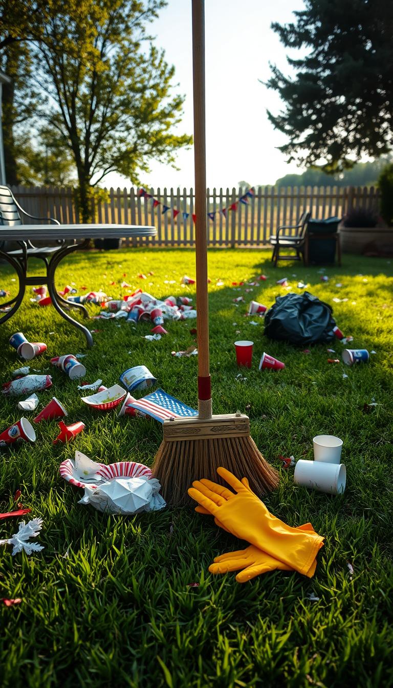 A well-lit backyard on a sunny 4th of July morning, the remnants of a lively party scattered across the grass. Abandoned red, white, and blue decorations, crumpled paper plates, and half-empty cups litter the scene. In the foreground, a worn broom leans against a weathered patio table, ready to sweep away the mess. The middle ground shows a pair of rubber gloves and a trash bag, waiting to be filled with the party's leftovers. In the background, a distant picket fence frames the tranquil, post-celebration landscape, hinting at the work ahead to restore order.