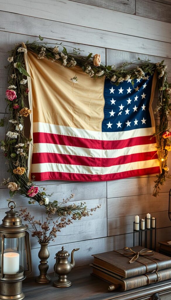 An elegant vintage American flag adorns the weathered wooden wall, its faded hues and distressed texture exuding a rustic charm. Garlands of dried flowers and greenery frame the flag, adding a touch of natural warmth. Soft, diffused lighting filters through the room, casting a warm glow and creating a cozy, inviting ambiance. The arrangement is complemented by a collection of antique-inspired decor pieces, such as a tarnished brass lantern and a worn leather-bound book, seamlessly blending the past and present. The overall scene evokes a sense of timeless patriotism and nostalgic Americana, perfectly capturing the essence of the "Incorporating Vintage and Rustic Elements" section.