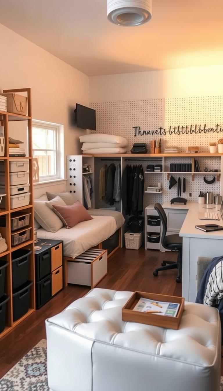 An organized dorm room filled with innovative storage solutions, bathed in warm, golden-hour lighting. In the foreground, a set of modular shelves and stackable bins maximize vertical space, while a multifunctional storage ottoman doubles as a coffee table. In the middle ground, a sliding bed frame with underbed drawers and a pegboard wall system with customizable hooks and baskets create a clutter-free, minimalist aesthetic. The background features a clean, white desk with sleek, minimalist accessories and a neatly arranged workstation. Overall, the scene conveys a sense of order, efficiency, and clever space-saving design tailored for a compact dorm environment.