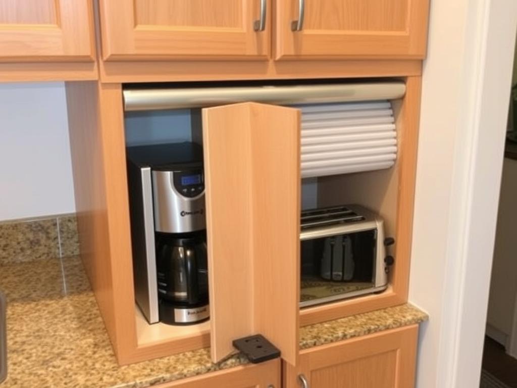 Appliance garage in a small kitchen with coffee maker and toaster