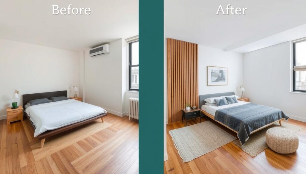 Before and after of a small urban apartment bedroom transformed with japandi elements
