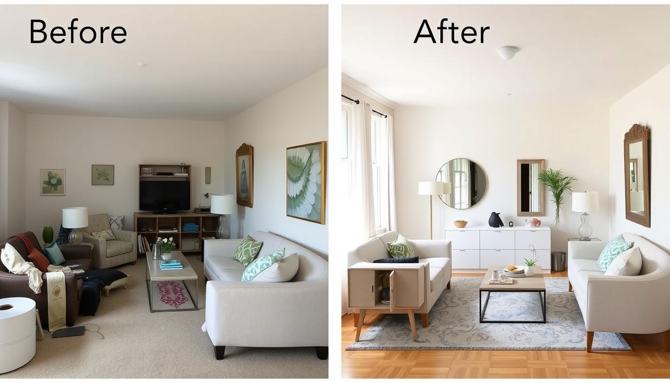 Before and after transformation of small living room decor