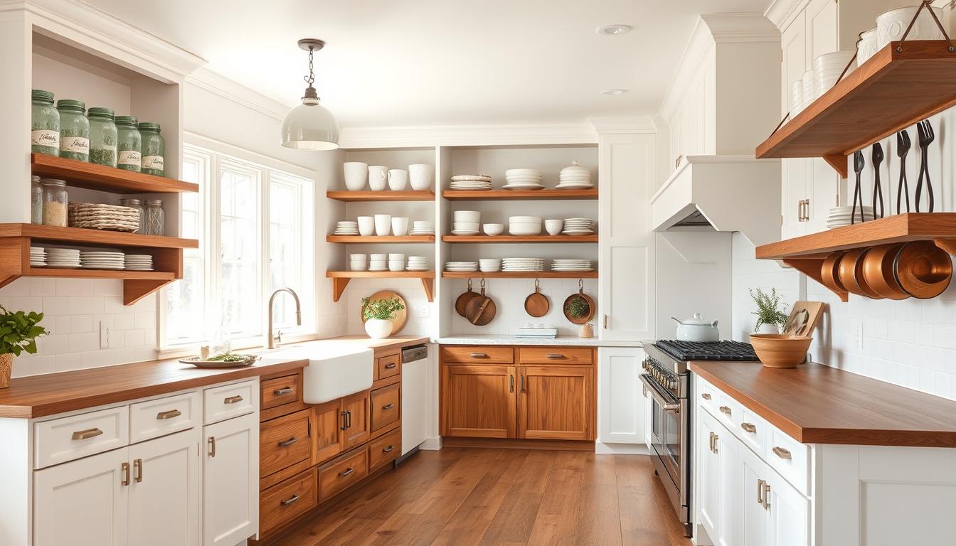 Bright farmhouse kitchen with open shelving, wooden elements, and organized storage solutions