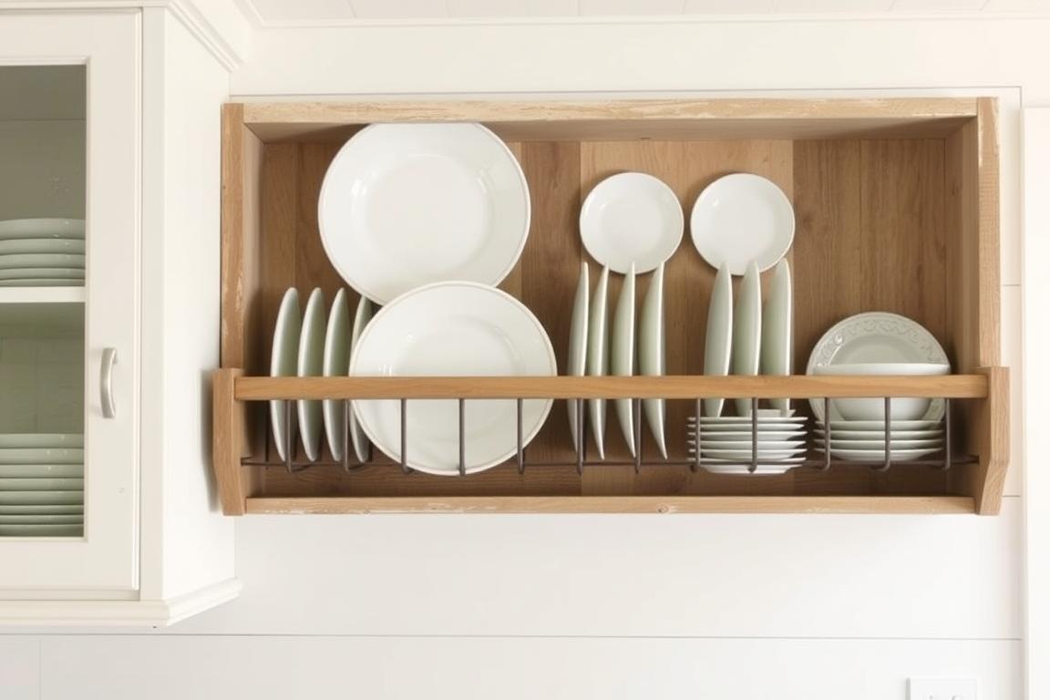 Built-in wooden plate rack with white farmhouse dishes