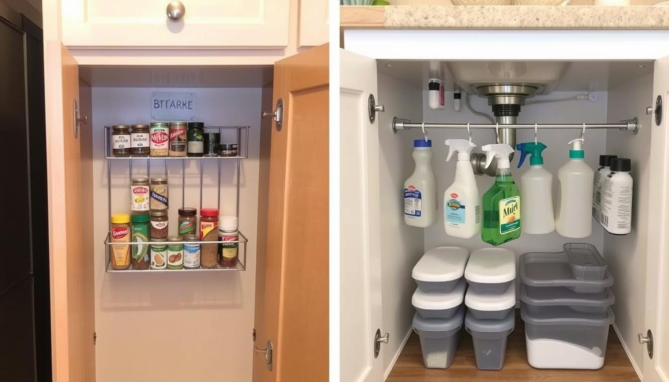 Cabinet door spice rack and under-sink organization in a small kitchen