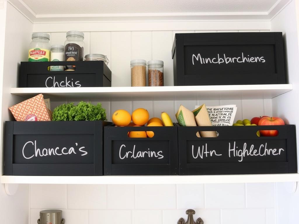 Chalkboard-painted storage bins with chalk labels