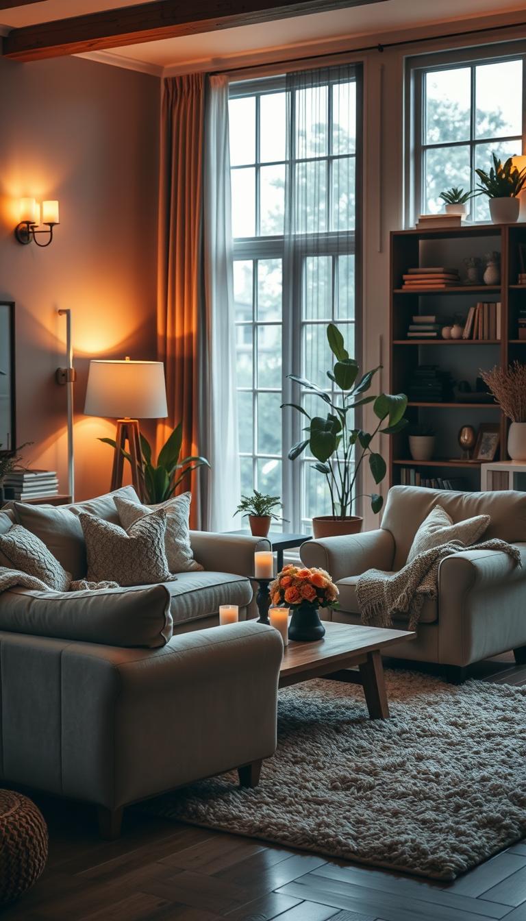 Cozy living room with warm, inviting atmosphere. Plush, comfortable sofa and armchair in neutral tones, accented with soft throw pillows and a cozy knitted blanket. Low coffee table with decorative candles and a vase of fresh flowers. Wooden floor with a lush, textured area rug. Soft, ambient lighting from a floor lamp and sconce wall lights, creating a soothing, intimate ambiance. Large windows letting in natural light, framed by flowing curtains. Bookshelves filled with volumes, potted plants, and decorative accents. The overall scene exudes a sense of relaxation and contentment.