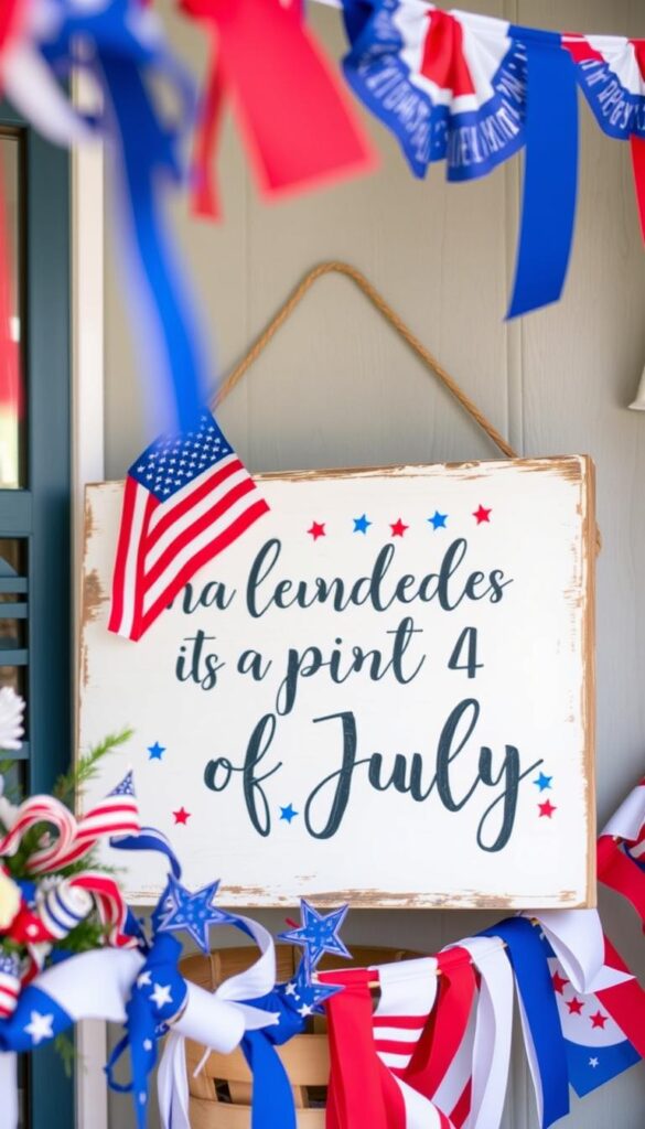 Create an image of a DIY 4th of July decoration project, featuring a handmade sign and patriotic bunting.