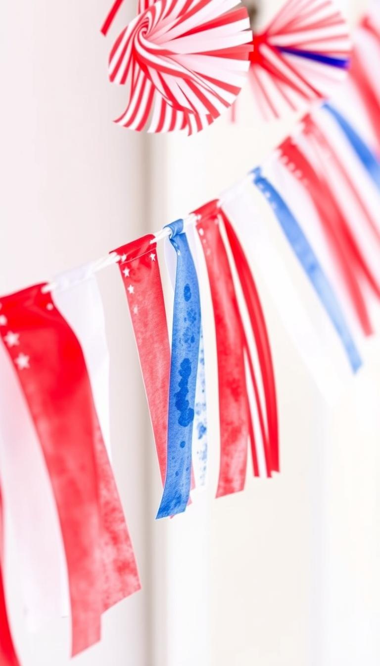Create an image of a DIY watercolor stripe bunting for 4th of July decorations.