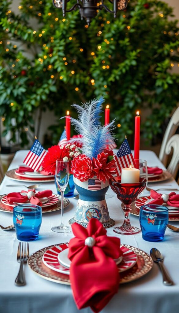 Create an image of a beautifully decorated 4th of July table setting with red, white, and blue elements.