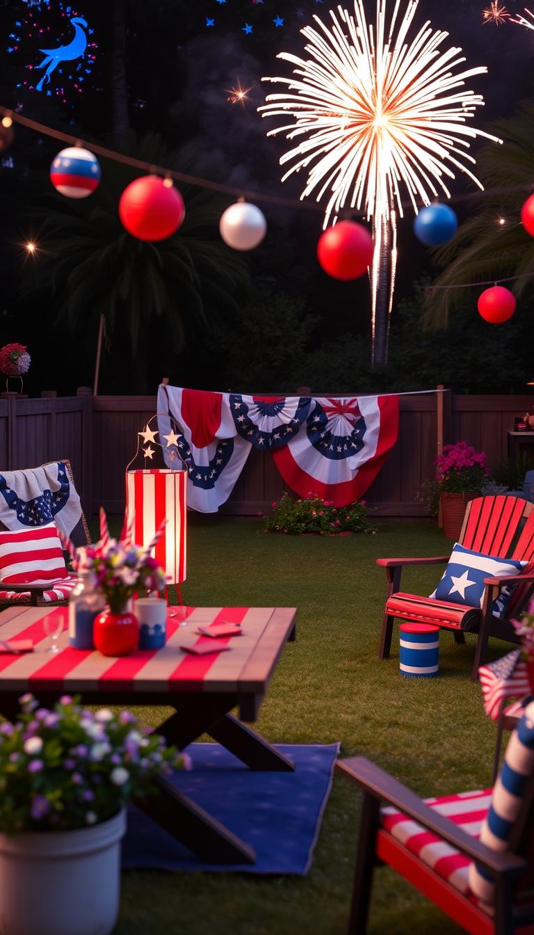 Create an image of a beautifully decorated outdoor space for the 4th of July.
