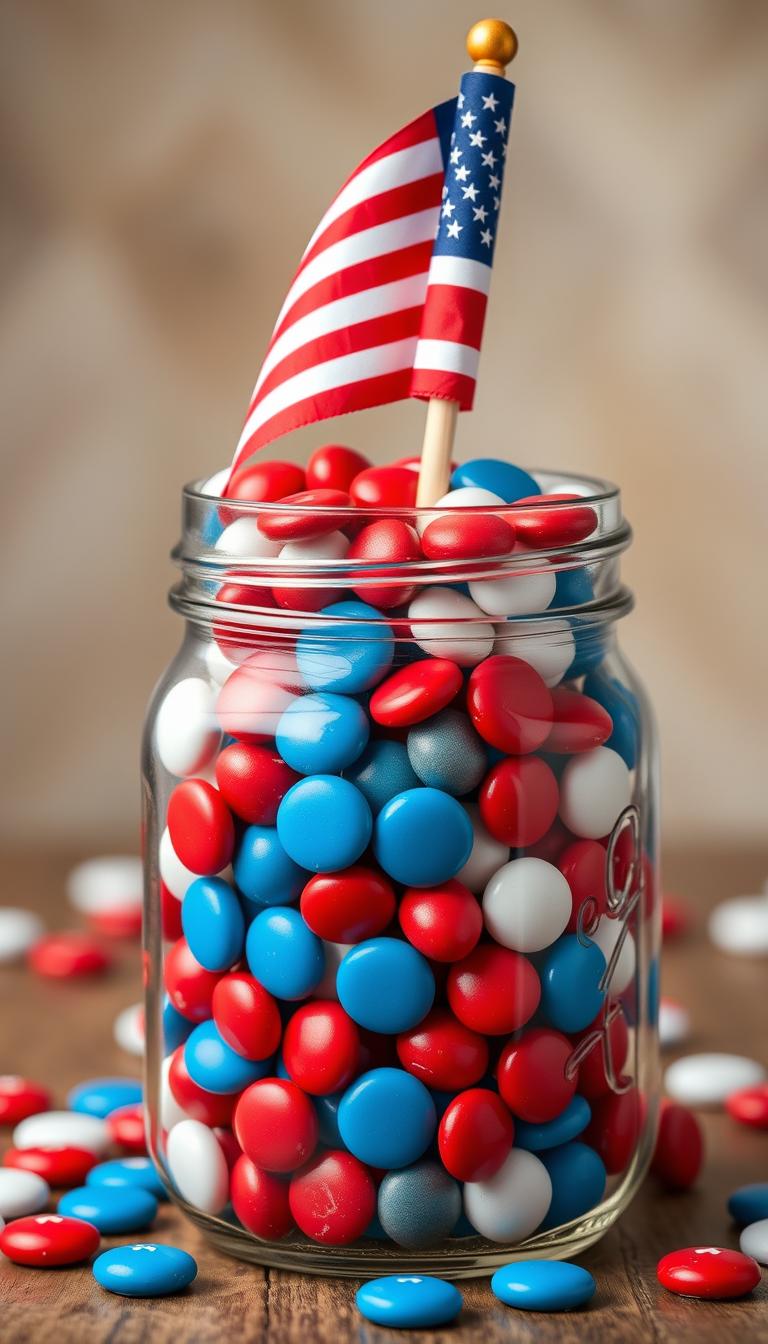 Create an image of a mason jar filled with red, white, and blue candies and topped with a small American flag.