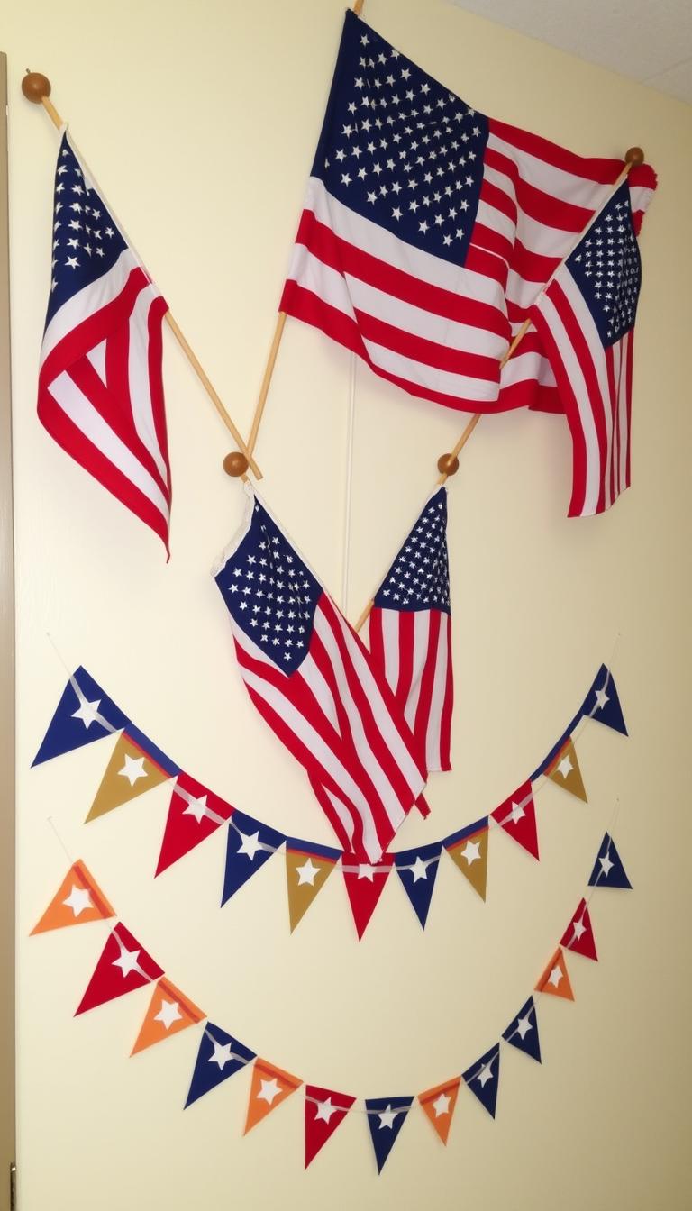 Create an image of a patriotic wall decoration with American flags and bunting.