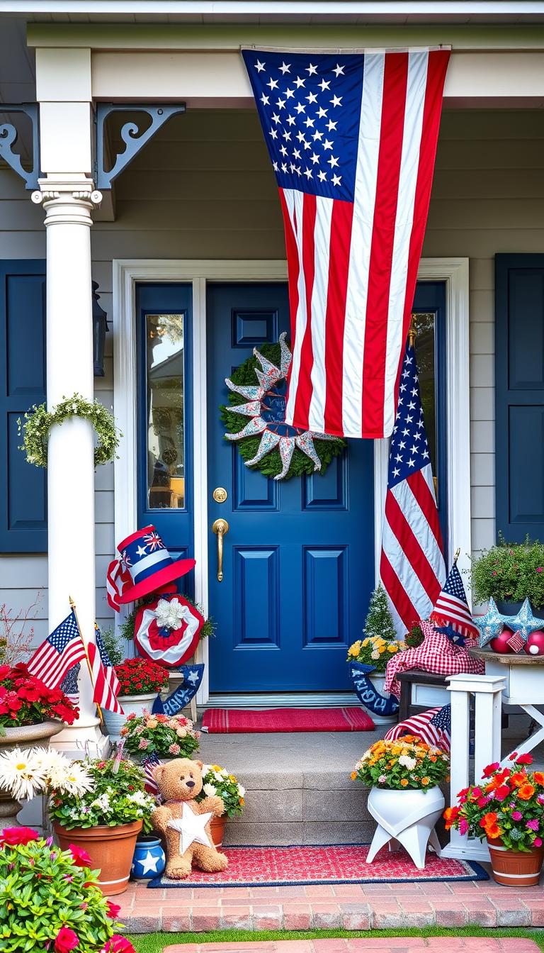 Create an image of a porch decorated with patriotic elements, including the American flag and layered decorations.