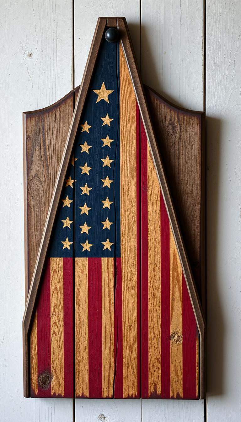 Create an image of a rustic wooden sign with an American flag design.