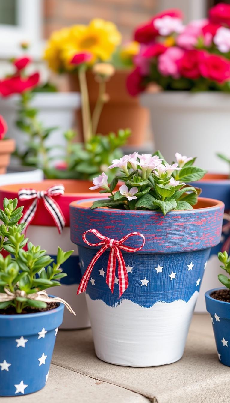Create an image of terra cotta pots decorated with red, white, and blue paint and ribbons.