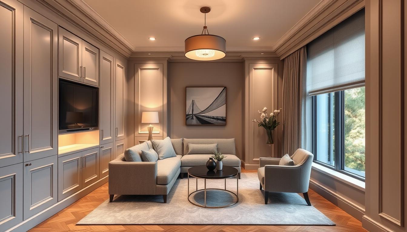 Custom built-in cabinetry and high-end lighting in small living room
