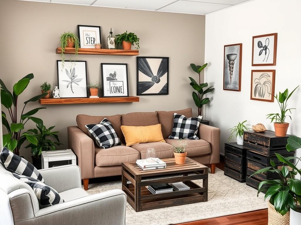 DIY floating shelves and repurposed furniture in small living room