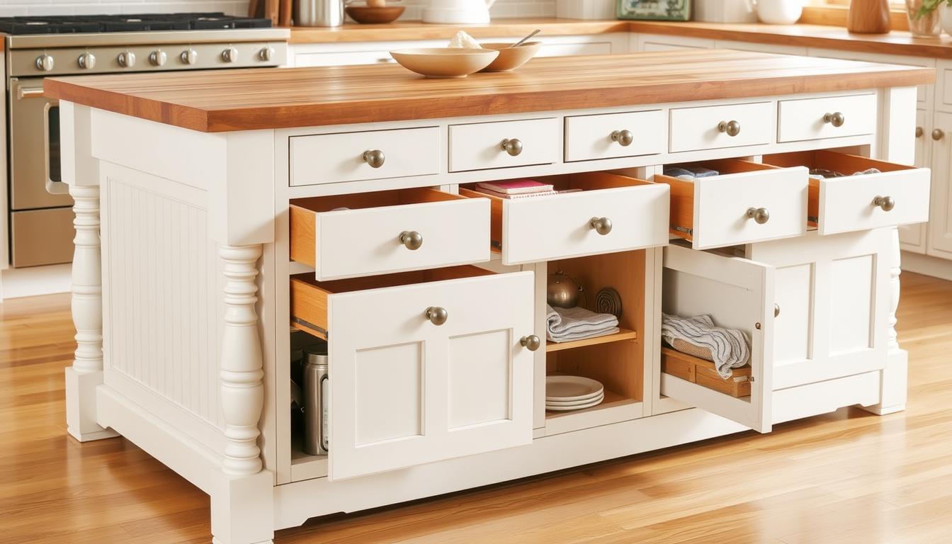 Farmhouse kitchen island with multiple storage drawers