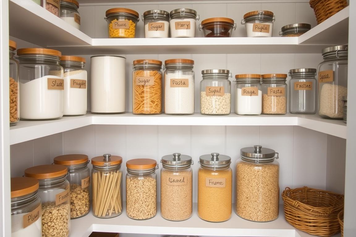 Farmhouse pantry with organized glass containers and labels
