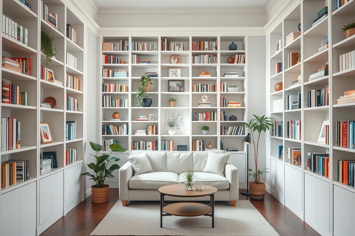 Floor-to-ceiling bookshelves in small living room decor