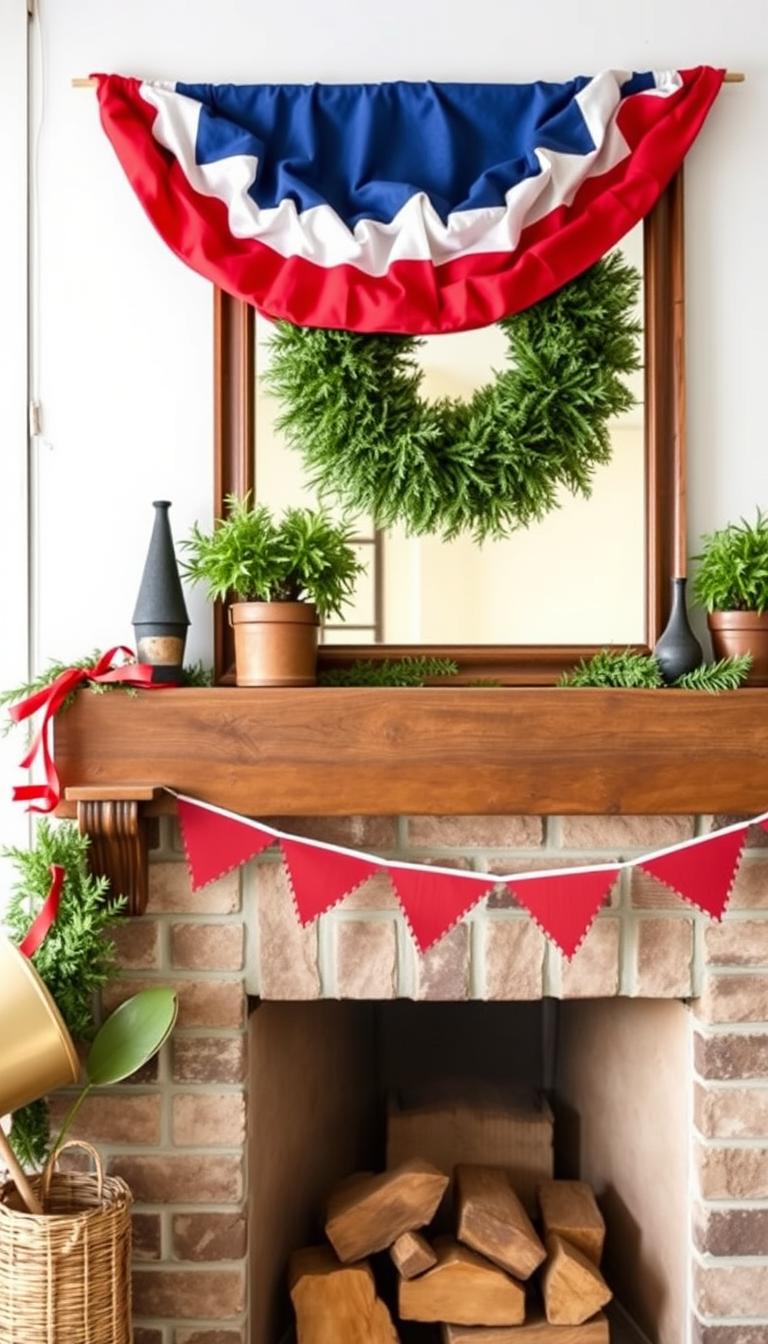 Generate an image of a 4th of July bunting with red, white, and blue stripes hanging across a mantel.
