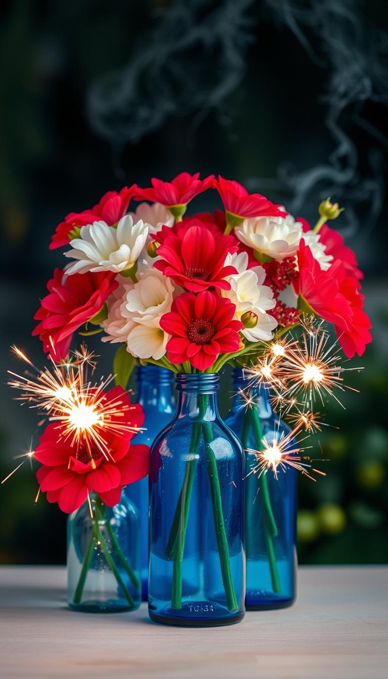Generate an image of blue glass bottles filled with red and white flowers and sparklers.