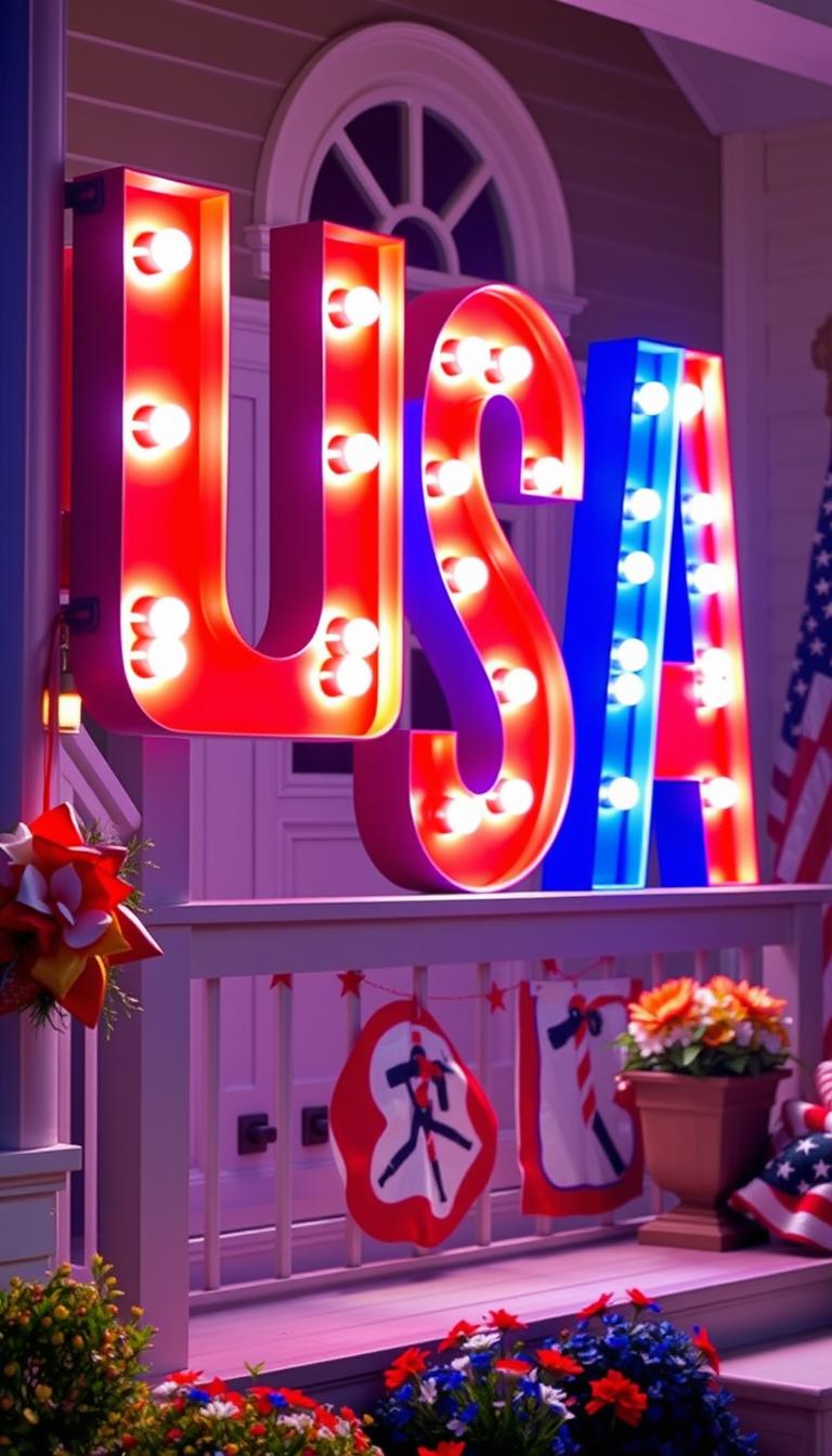 Generate an image of illuminated USA marquee letters in red, white, and blue, standing on a front porch or yard.