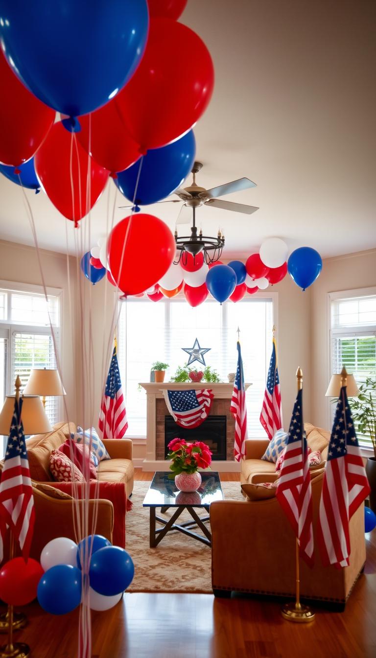 Image of a living room decorated with red, white, and blue balloons and American flags