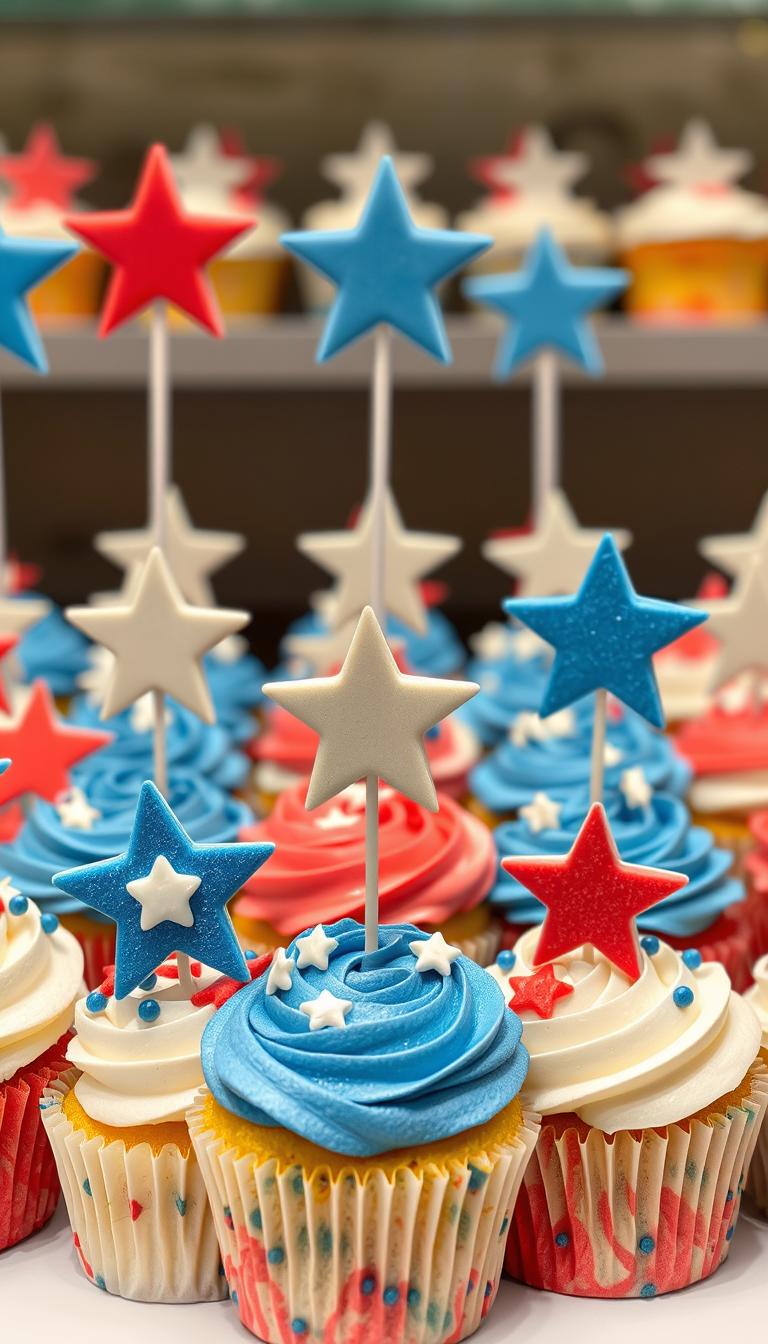 Image of star-spangled cake toppers on cupcakes