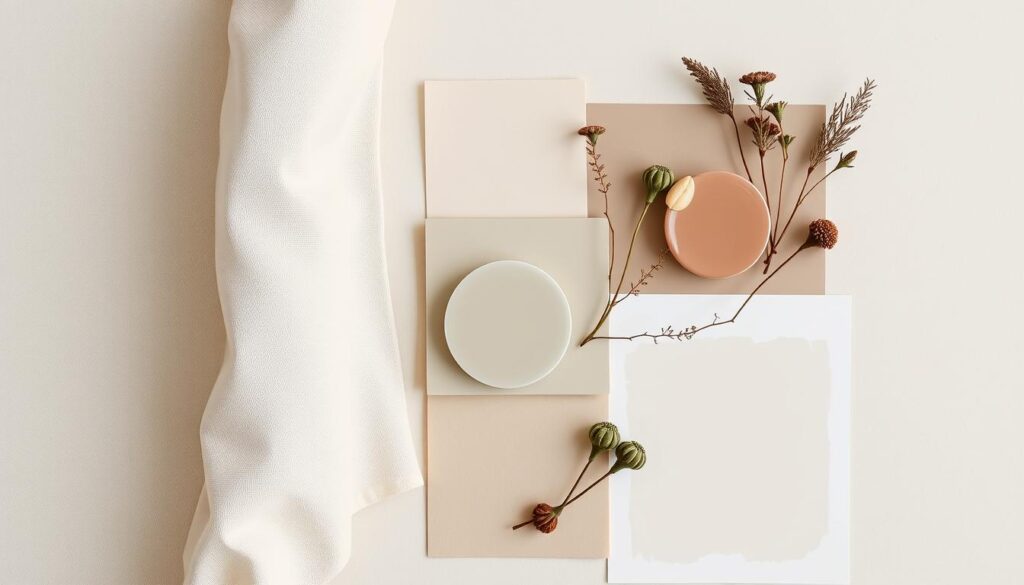 Japandi bedroom color palette featuring neutral tones with subtle organic accents