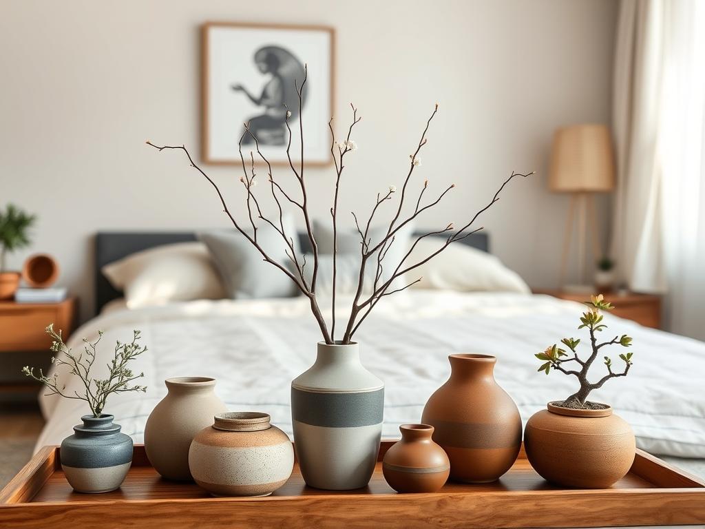 Japandi bedroom decorative elements including ikebana arrangement and ceramic vessels
