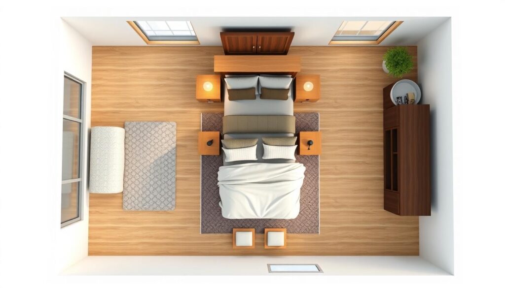 Japandi bedroom layout showing balanced furniture arrangement with clear pathways