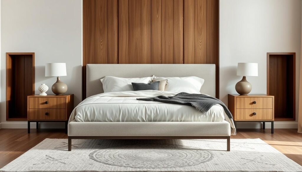 Japandi bedroom showing balance between clean architectural lines and soft textural elements
