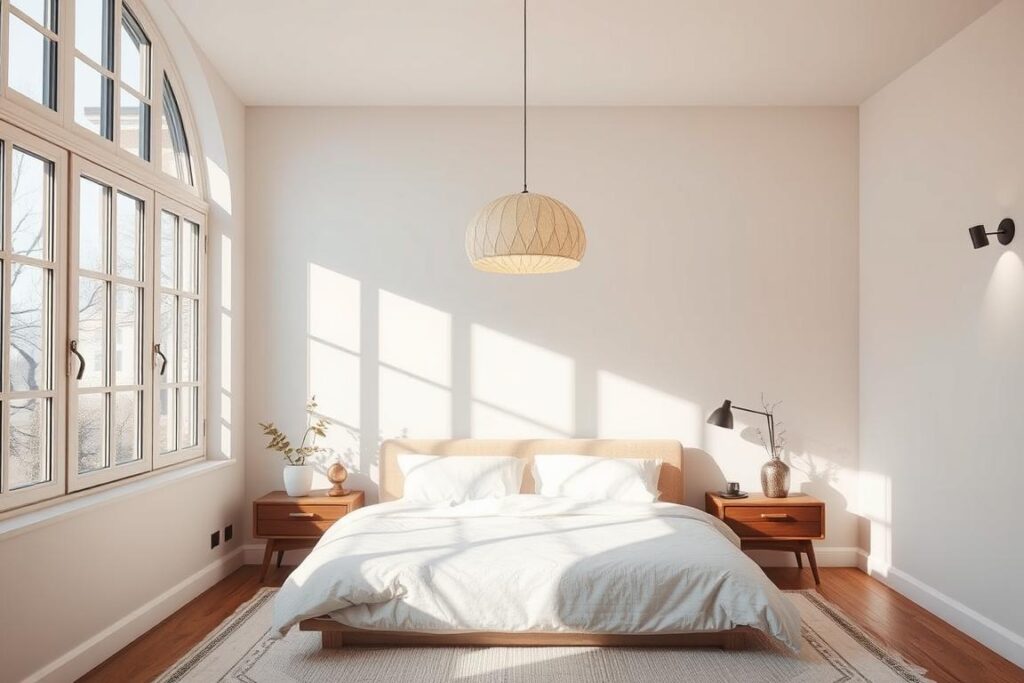 Japandi bedroom with layered lighting including natural light, paper lamps, and ambient fixtures