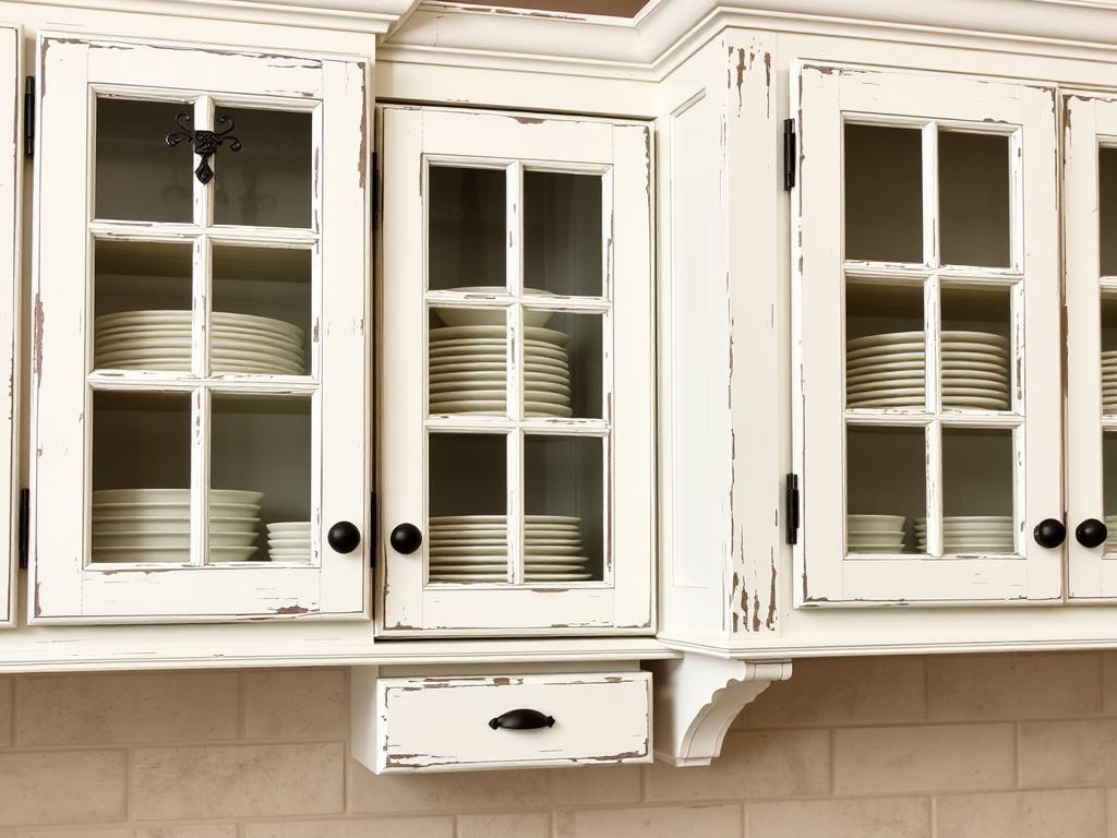 Kitchen cabinets with distressed white finish and vintage hardware